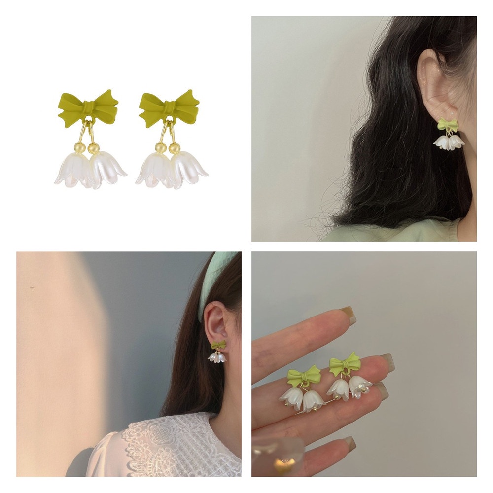 Bộ Trang Sức Gồm Dây Chuyền/Khuyên Tai/Vòng Tay/Dây Chuyền Mặt Hình Hoa Lily Màu Trắng/Xanh Lá Phong Cách Vintage Dành Cho Nữ Dự Tiệc