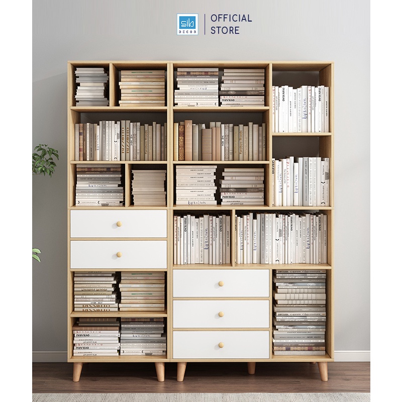 Tủ Sách Để Sàn Nhiều Ngăn Hiện Đại Màu Vân Gỗ Sồi Và Trắng Thương Hiệu SIB Decor