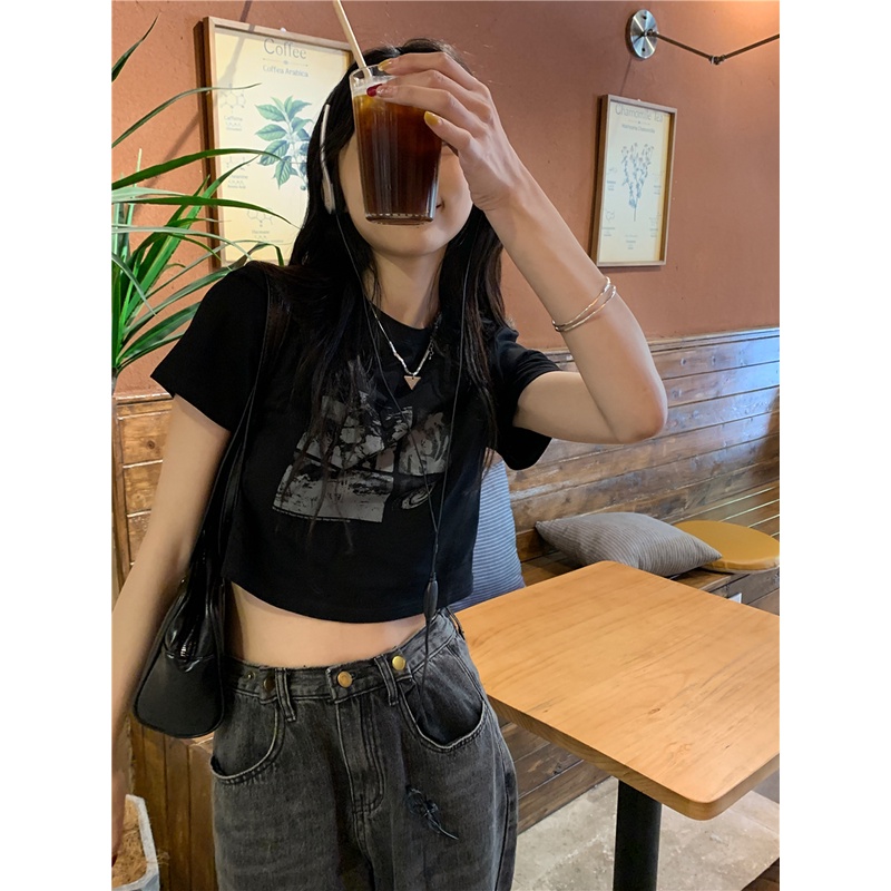 Áo thun XIAOZHAINV tay ngắn dáng ôm phong cách retro Hàn Quốc cho nữ