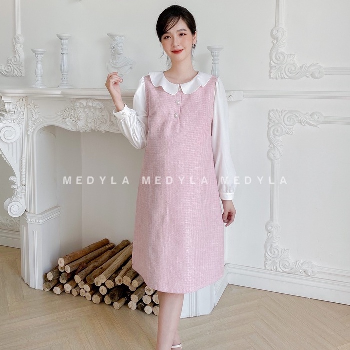 Đầm bầu dự tiệc thu đông xinh 2 lớp dạ tex lót lụa cho bầu đi chơi du lịch - Váy bầu thu đông thiết kế Medyla - VS886