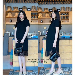 Đầm bầu sơ mi đen chân ren tay ngắn