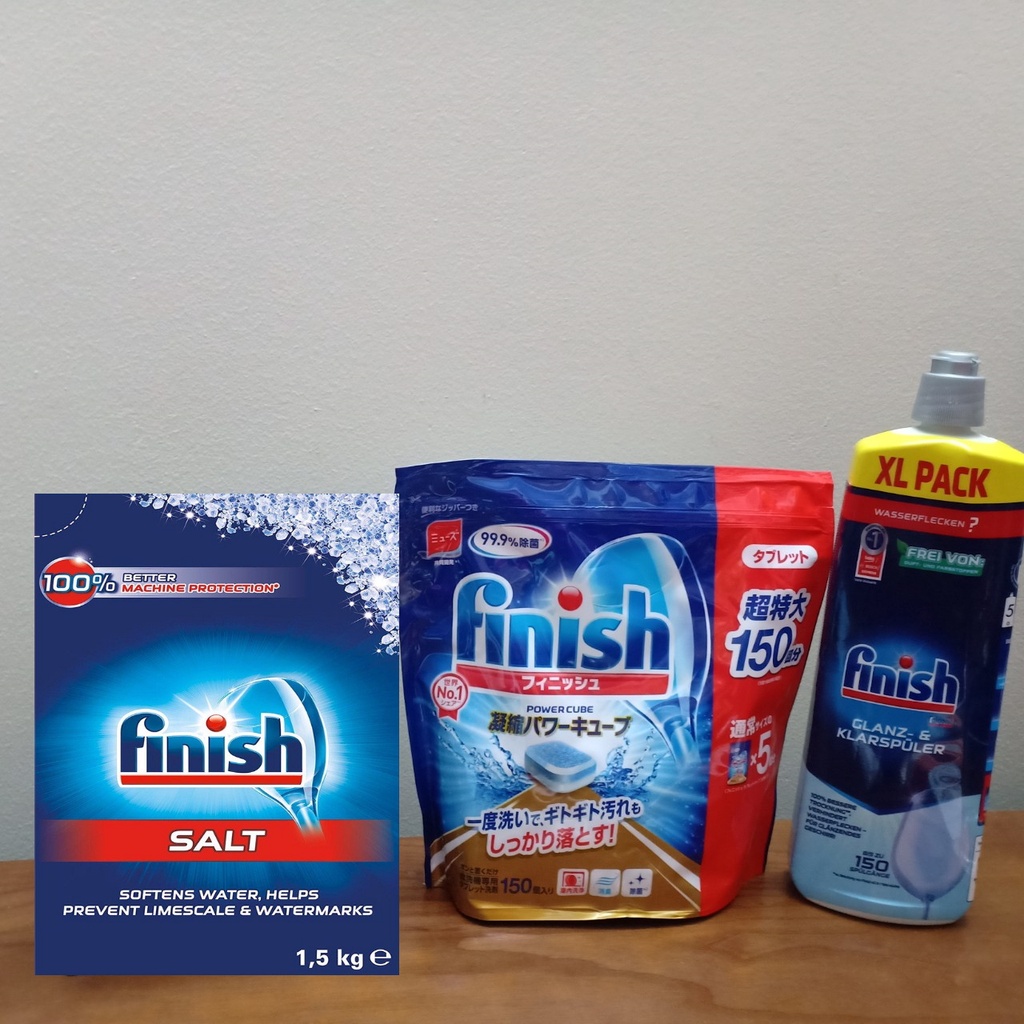 Combo Viên Rửa Bát Finish 150 Viên + Muối Làm Mềm Nước Finish 1.5kg Và Nước Làm Bóng Finish 750ml