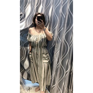 Đầm NAIF Sọc Xanh Rêu Bẹt Vai Có Nút Bo Eo - Size XL - 2461