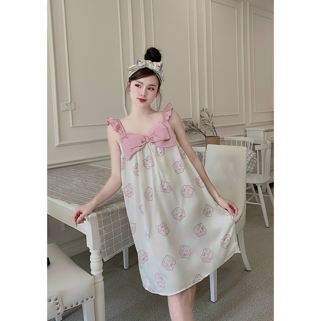 Đầm Ngủ Lụa Satin phối nơ hoạ tiết dễ thương cute | BigBuy360 - bigbuy360.vn