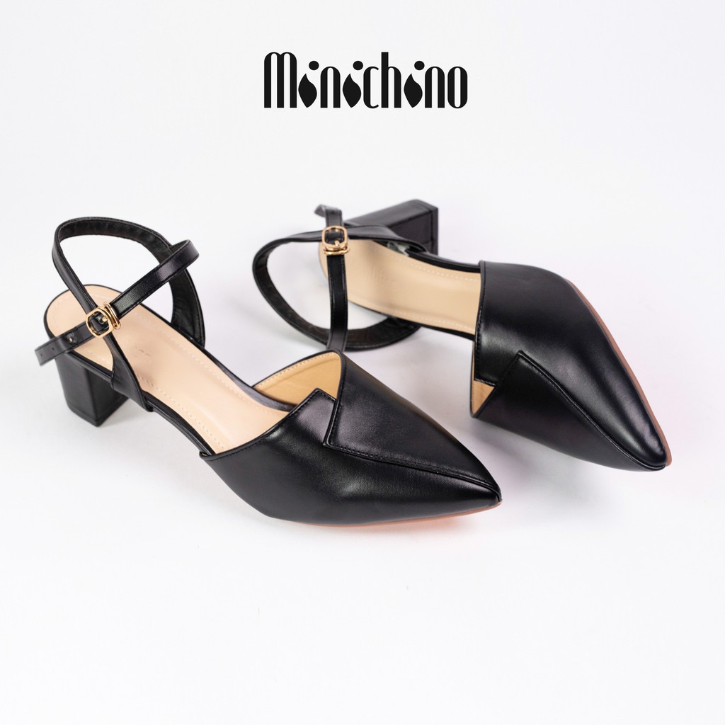 Giày cao gót nữ đế vuông cao 5cm MINICHINO giày sandal nữ mũi nhọn hở gót, phối dây thời trang màu đen TC001