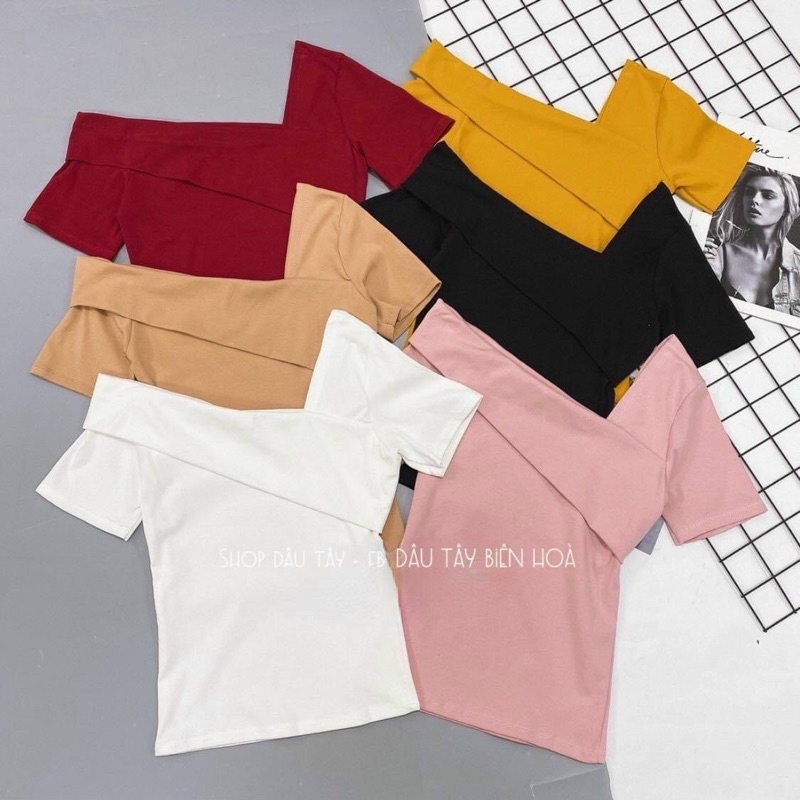 Áo thun body ngắn tay lệch vai kiểu mới,áo kiểu vai lệch tay cộc vải cotton co giãn