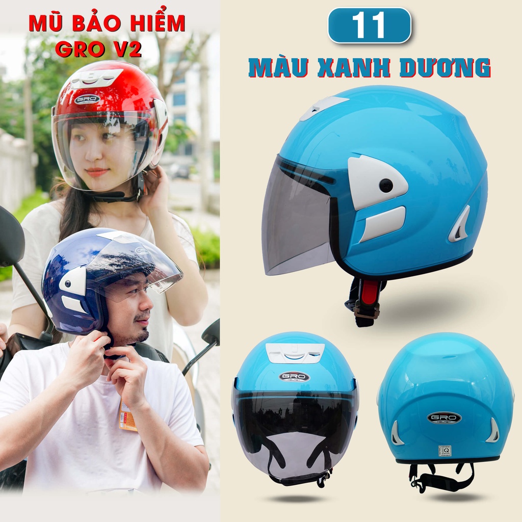 Mũ Bảo Hiểm 3/4 đầu GRO Helmet V2 có kính dài, kiểu dáng trẻ trung cho nam và nữ, khóa kim loại chắc chắn - Xanh Dương