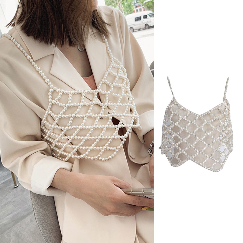 Xiangbao Áo Crop Top Lưới Rỗng Cổ Chữ V Đính Hạt Ngọc Trai Giả Gợi Cảm Cho Nữ