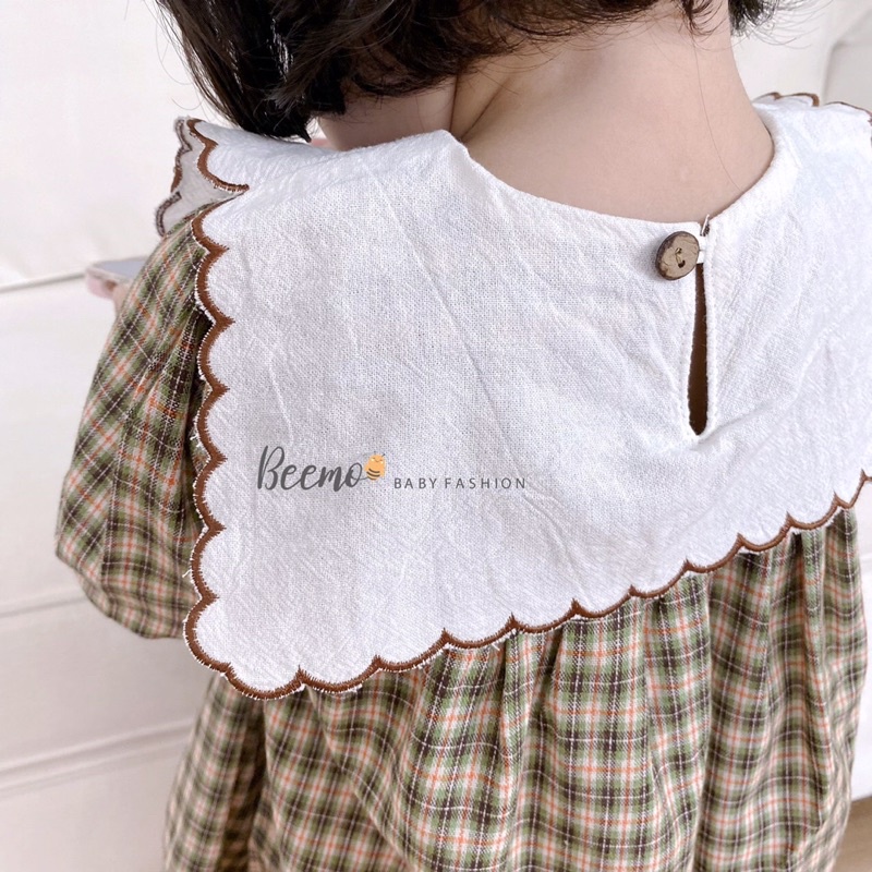 Váy dài tay babydoll karo yếm cổ hoa tiểu thư cho bé gái mặc đi học đi chơi hãng Beemo
