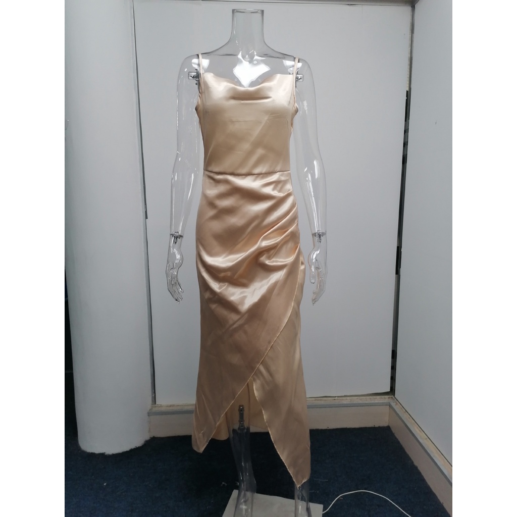 Đầm Dự Tiệc Vải Satin Hở Lưng Xẻ Tà Quyến Rũ Cho Nữ