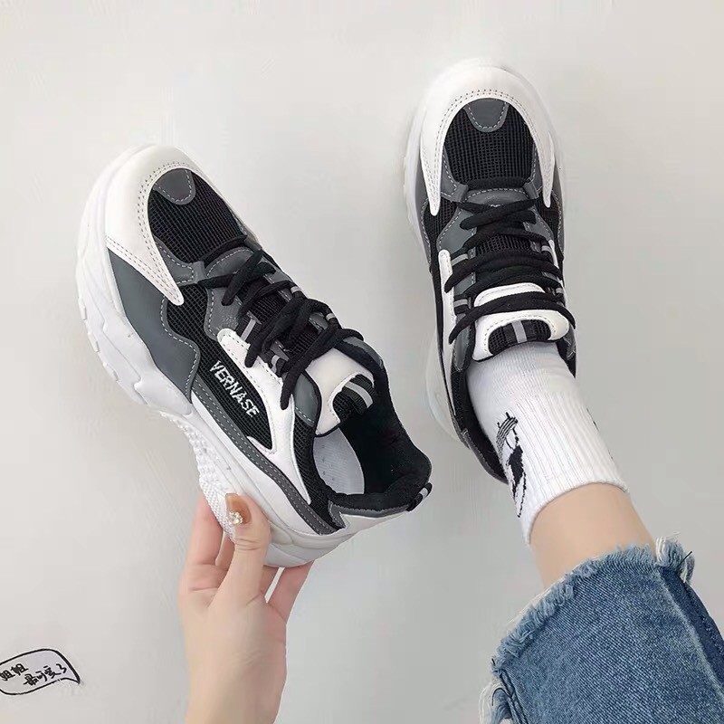Giày thể thao nữ VERNASE có 2 màu trắng &amp; đen, chất da phối lưới, phong cách Hàn Quốc, đẹp, giá rẻ, hot trend 2020
