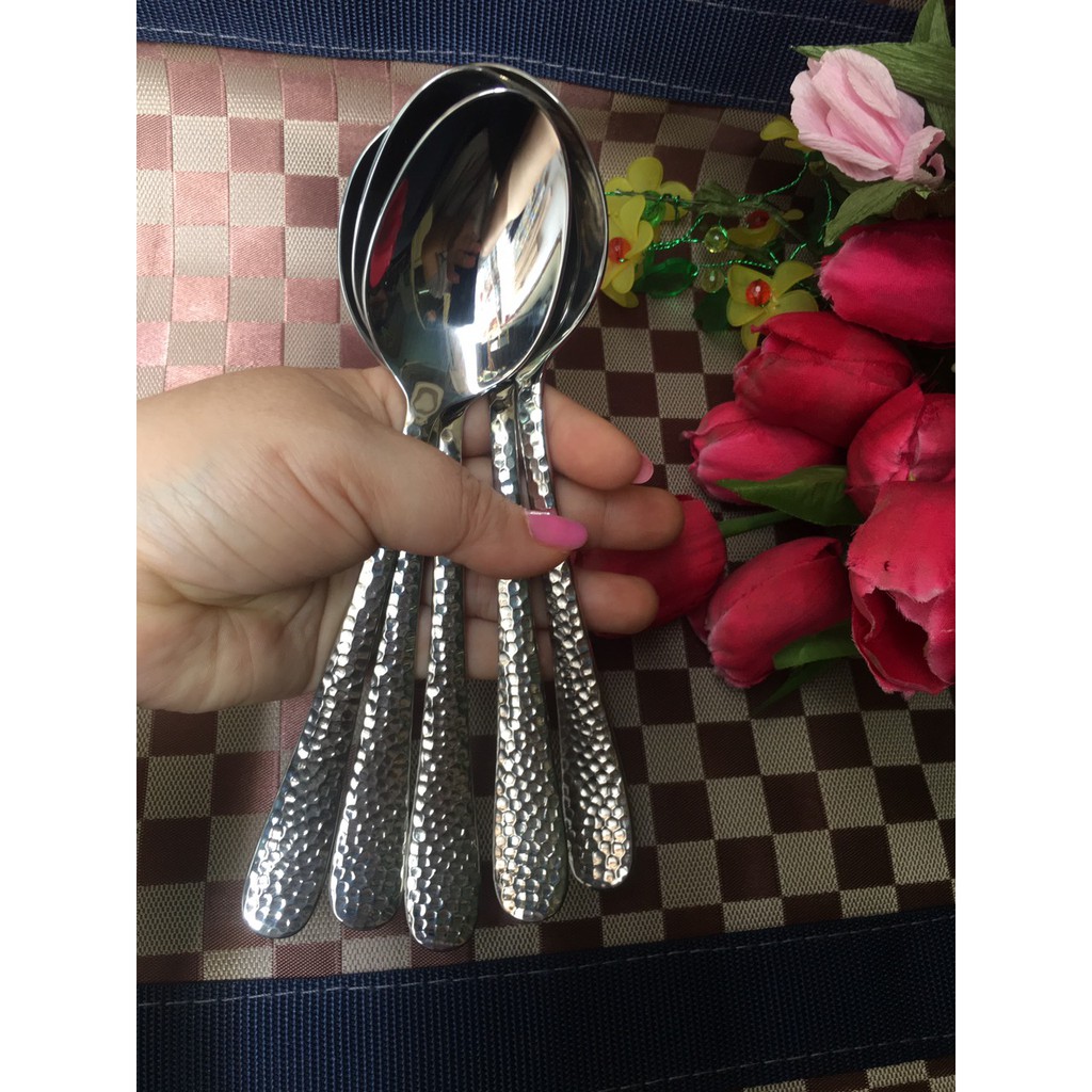 Bộ 5 muỗng   ăn cơm inox 304 cán da trăng sang trọng dài 17 x 4cm ngang