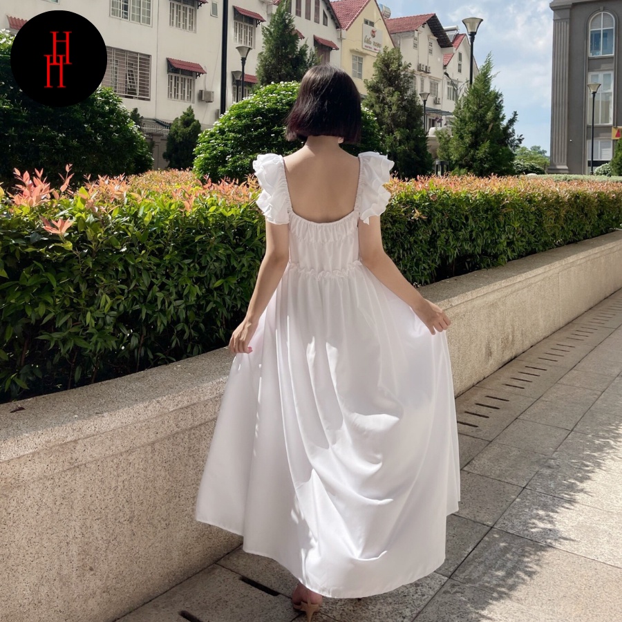 Đầm babydoll suông dài tay bèo màu trắng HDC106 Hỉn Hỉn Store