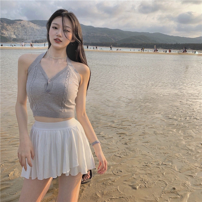 Áo yếm cổ chữ V màu trơn thời trang mùa hè xinh xắn cho nữ