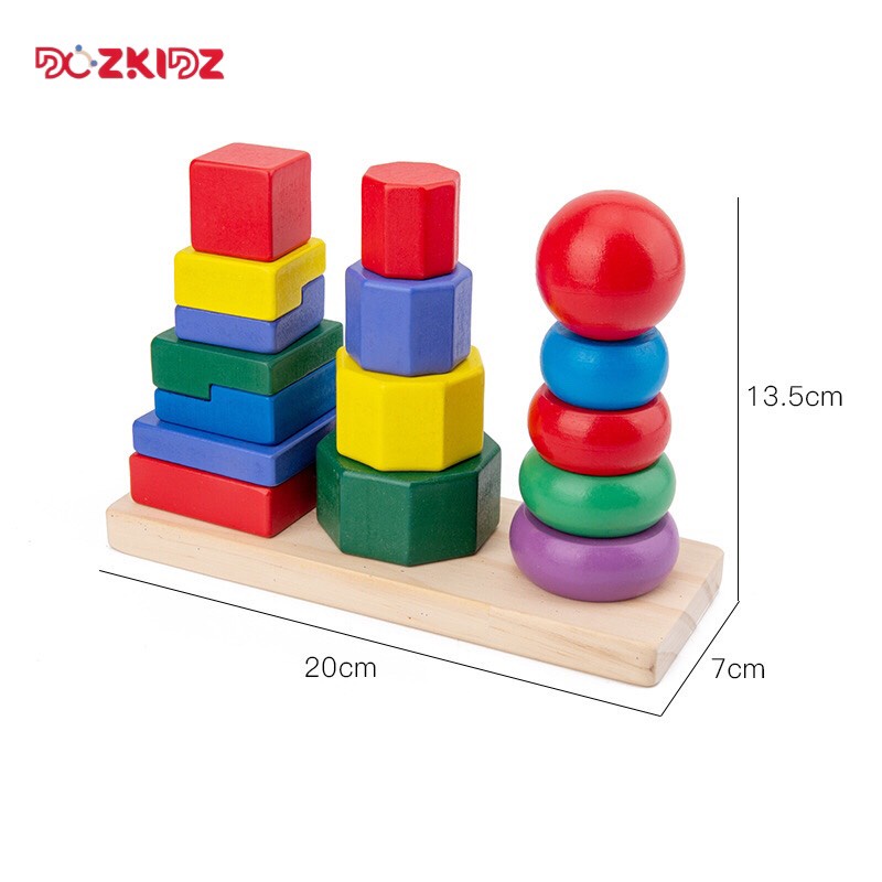 Đồ chơi gỗ thông minh, xếp 3 tháp cầu vòng size lớn/nhỏ cho bé - DOZKIDZ