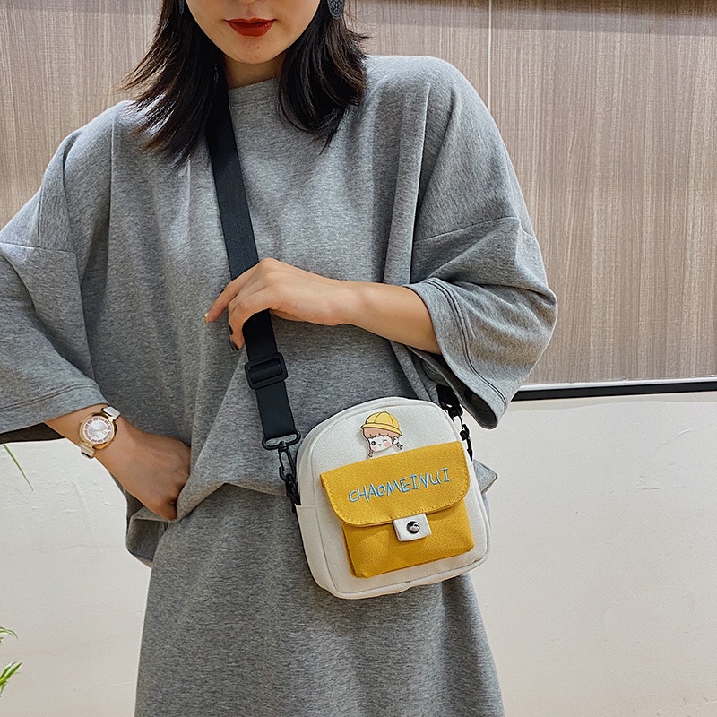 Túi Đeo Chéo Vải canvas Dáng Vuông Nhỏ Họa Tiết Hoạt Hình Dễ Thương Phong Cách Đường Phố