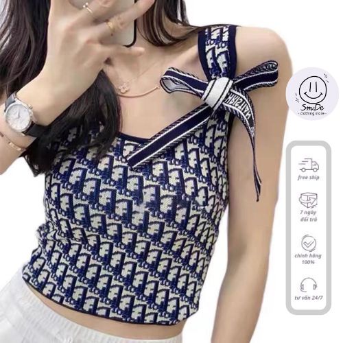 Áo Len Họa Tiết Sát Nách Thêm Phụ Kiện Dây Cột Ngoài Phong Cách Hàn Quốc | Smide Clothing