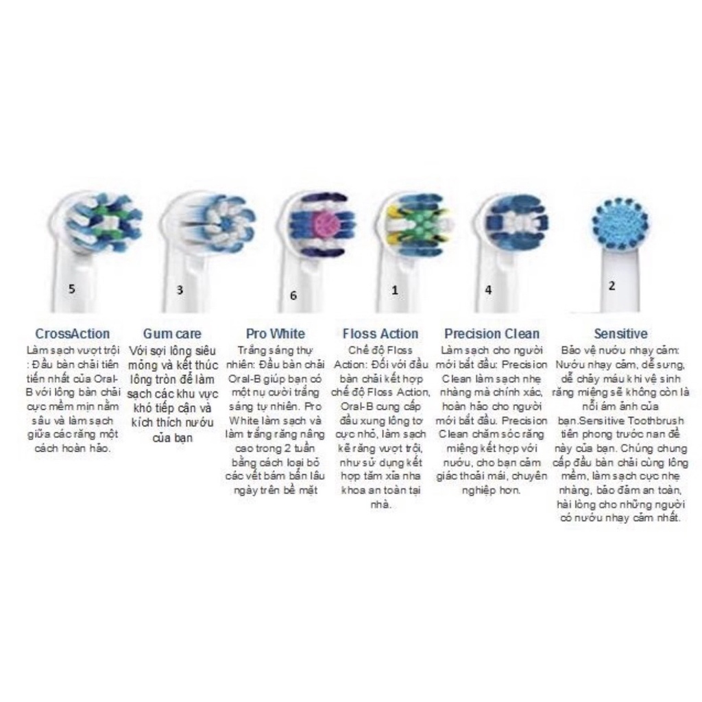 Set 2, 3,4,5,6 đầu bàn chải chính hãng oral b Pure clean, Cross Action, Floss, 3Dwhite, sensitive, precition