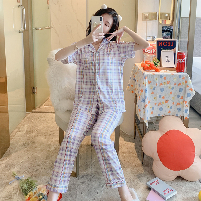 Bộ đồ ngủ nữ dáng dài kẻ sọc caro thoải mái thời trang mùa hè | BigBuy360 - bigbuy360.vn