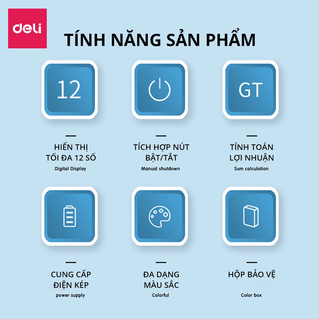 Máy tính Cầm tay mini 12 số Deli - pin năng lượng mặt trời và pin - bảo hành 2 năm - vpp Diệp Lạc