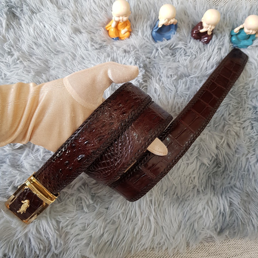 Dây Lưng Cá Sấu Đan Viền Thủ Công 4.0cm I Dây Lưng Da Cá Sấu Đan Viền Da Bụng Liền Nguyên Con, Màu Nâu I Bảo Hành 24 Thá