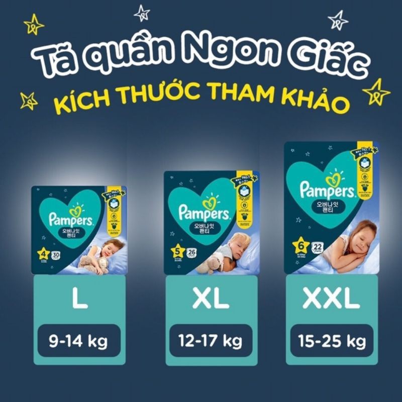 Tã quần Pampers ngon giấc L30/xl26/xxl22 miếng