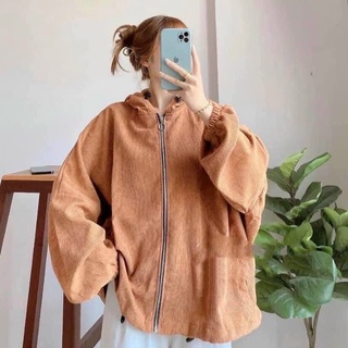 Áo Khoác Bomber Nhung Trơn Có Mũ From Rộng Unisex