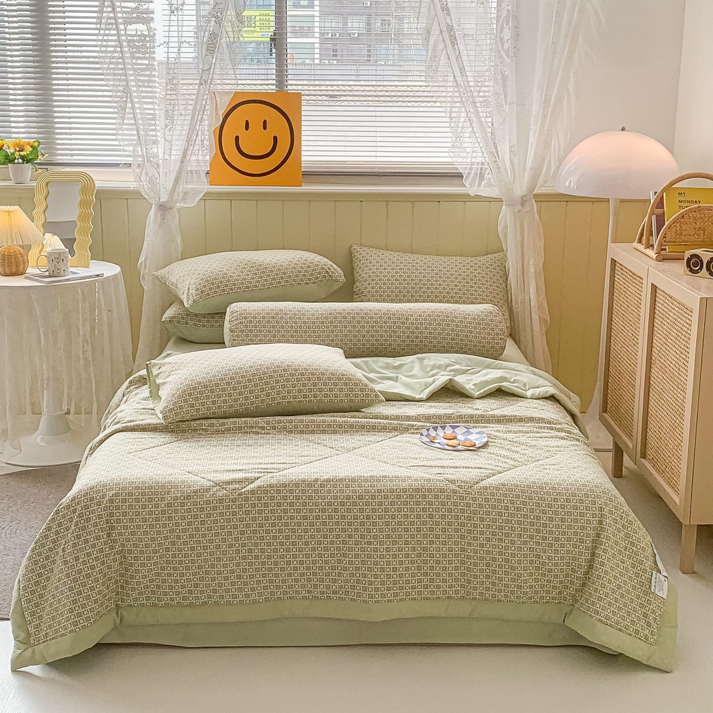 Bộ chăn ga gối cotton đũi 5 món nhập khẩu cao cấp, ga gối chất cotton đũi, chăn chần bông mềm thoáng khí thấm hút mồ hôi