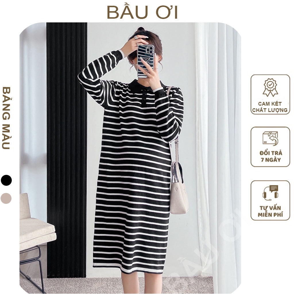 [BAUOII V122] VÁY BẦU THU ĐÔNG LEN MONGTOGHI DÁNG DÀI KẺ SỌC CỔ ĐỨC DÀI TAY - ĐẦM BẦU BABYDOLL KIỂU DÁNG TRẺ TRUNG