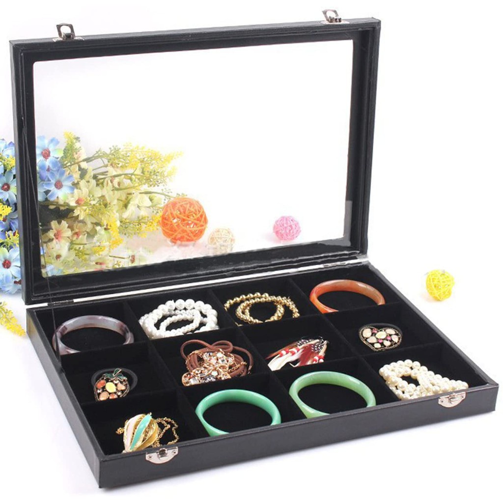 Khay Đựng Trang Sức Nắp Đậy Bằng Nhung Đa Năng Màu Đen