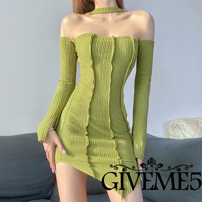 Váy tay GIVEME5 dài tay trễ vai màu trơn có gân cho nữ