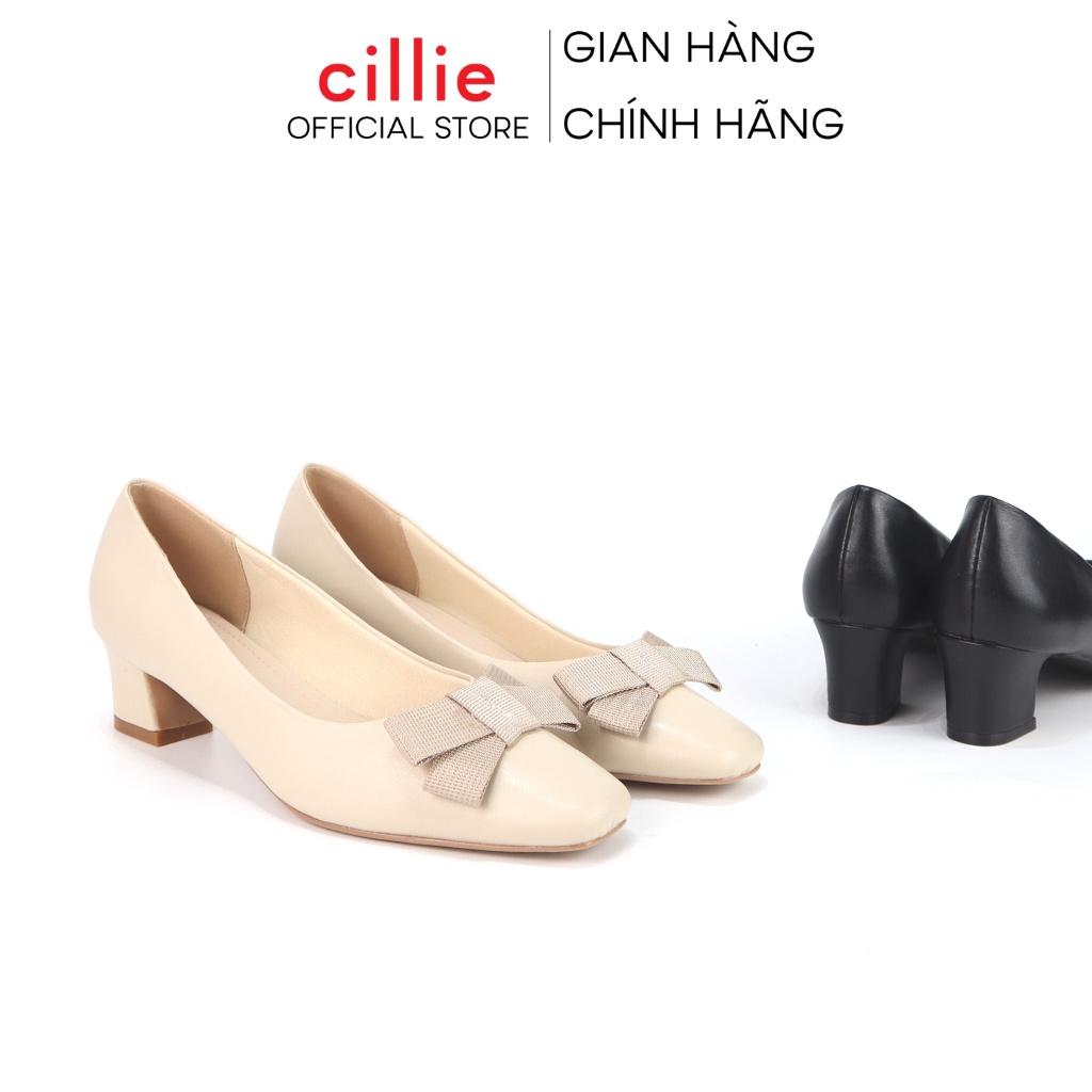 Giày cao gót nữ mũi vuông phối nơ nhẹ nhàng gót cao 3cm đi làm đi học Cillie 1004