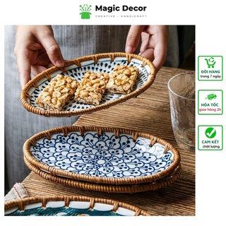 Đĩa sứ viền mây đan decor  khay mây trang trí hình bầu dục đựng đồ ăn, trái cây, phụ kiện chụp ảnh độc lạ