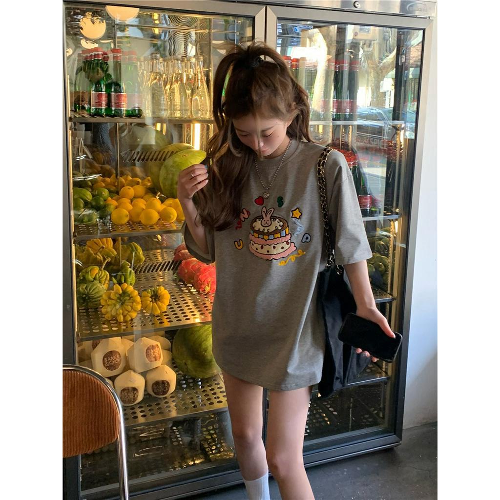 Áo Thun Nữ Ngắn Tay Dáng Rộng Thêu Hình Bánh Kem Phong Cách retro