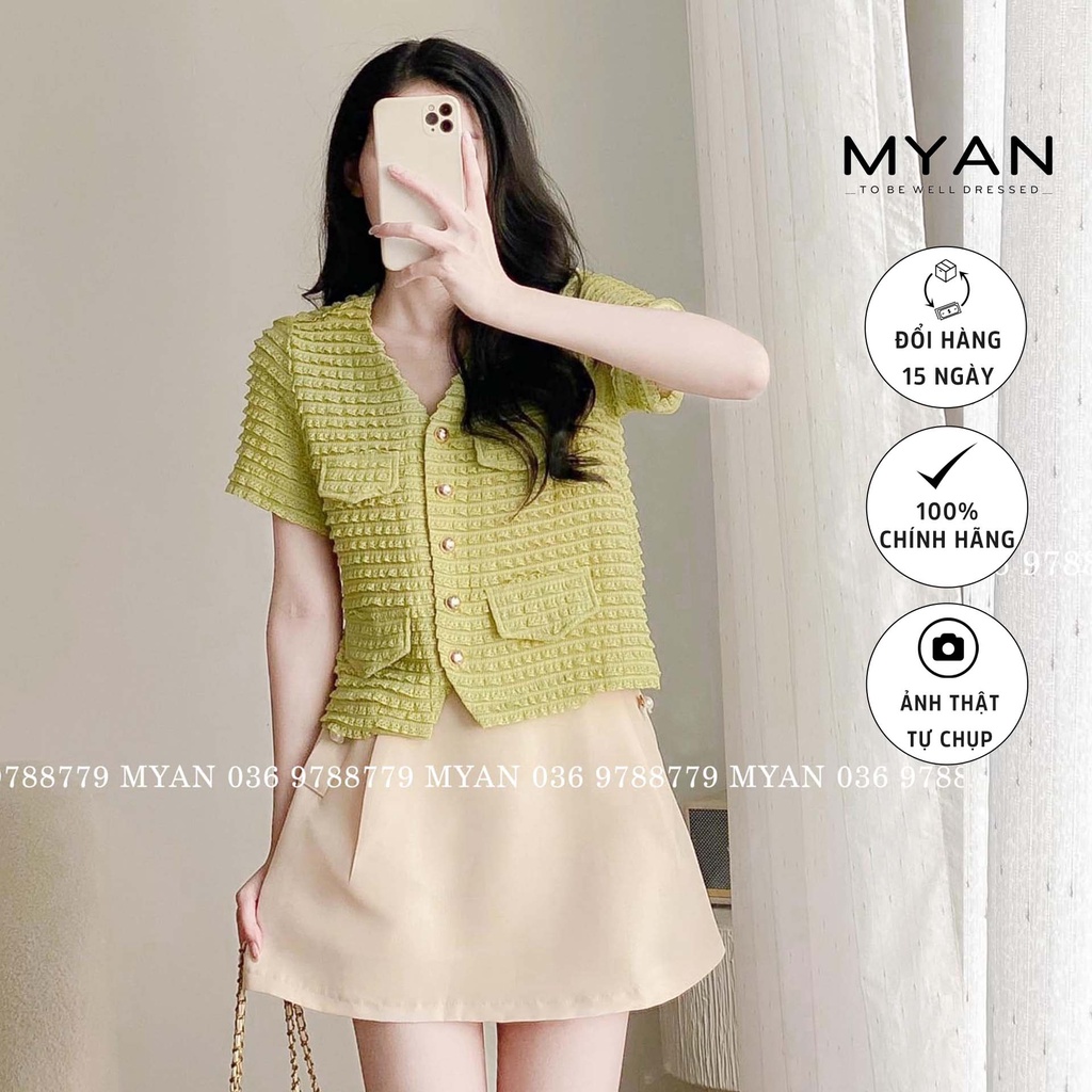 Áo sơ mi giả vest chất ren bèo nhí màu xanh bơ/be , khuy đồng MYAN - avn062207