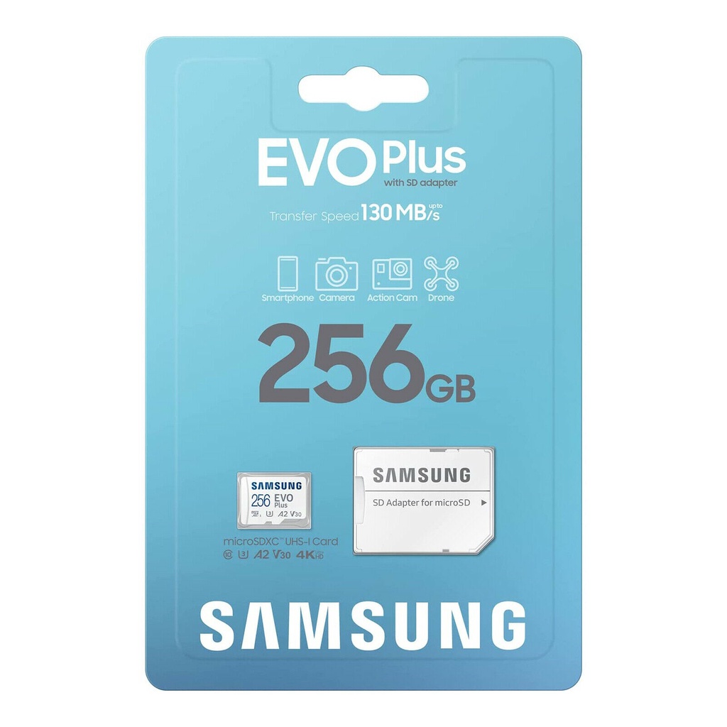 Thẻ nhớ MicroSDXC Samsung Evo Plus 256GB U3 4K R130MB/s W90MB/s kèm Adapter box Hoa new 2022 (trắng)