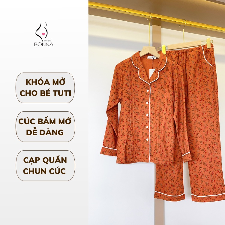 Đồ bộ bầu và sau sinh BONNA mặc thu đông chất nhung tăm dày dặn, thiết kế 2in1, có khóa mở cho bé tuti tiện lợi B021