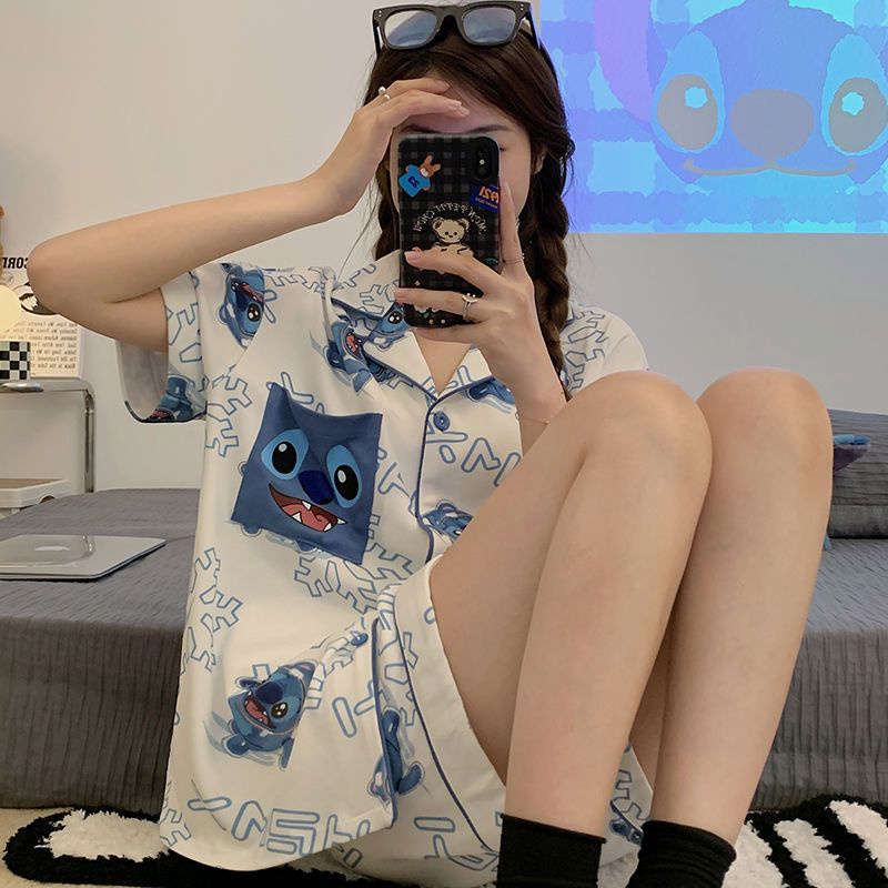 Bộ Đồ Ngủ Ngắn Tay Có Túi In Hình Stitch Hoạt Hình Dễ Thương