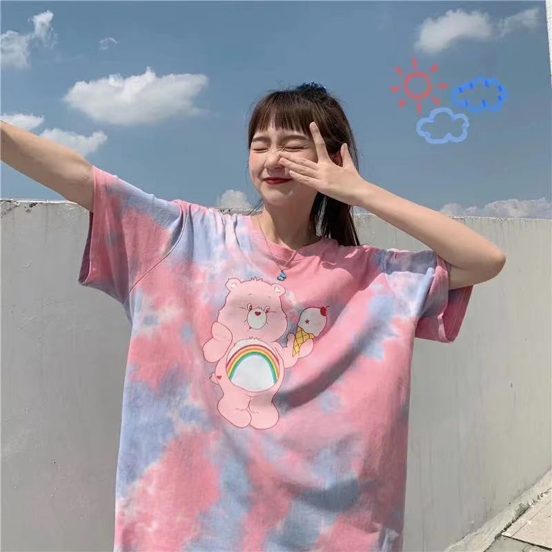 ins tie-dyed bear new western style short-sleeved t-shirt women loose Korean version of the trendy net red Harajuku strange blouse body fabric