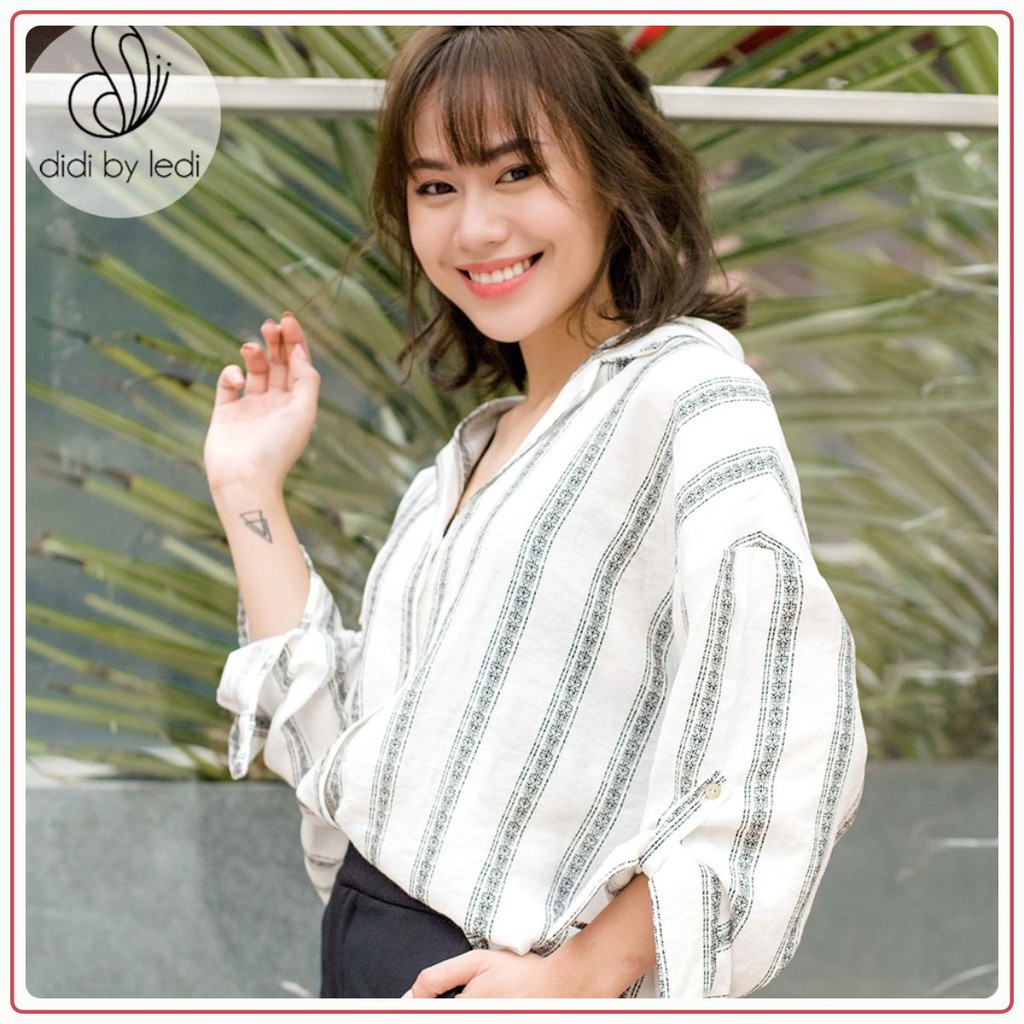 Áo sơ mi công sở nữ, áo thời trang nữ phom rộng DIDI BY LEDI viscose sọc Trắng Đen Freesize AK038