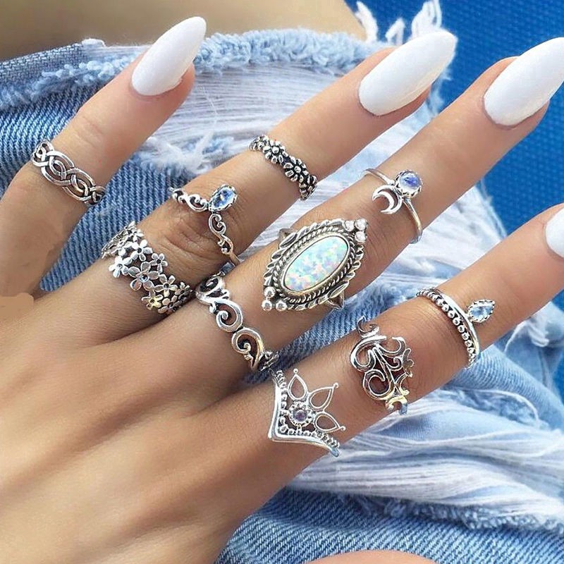 [Bán hàng] Bộ 10 chiếc nhẫn midi đeo đốt ngón tay bằng bạc đính đá quý mặt trăng thời trang Boho
