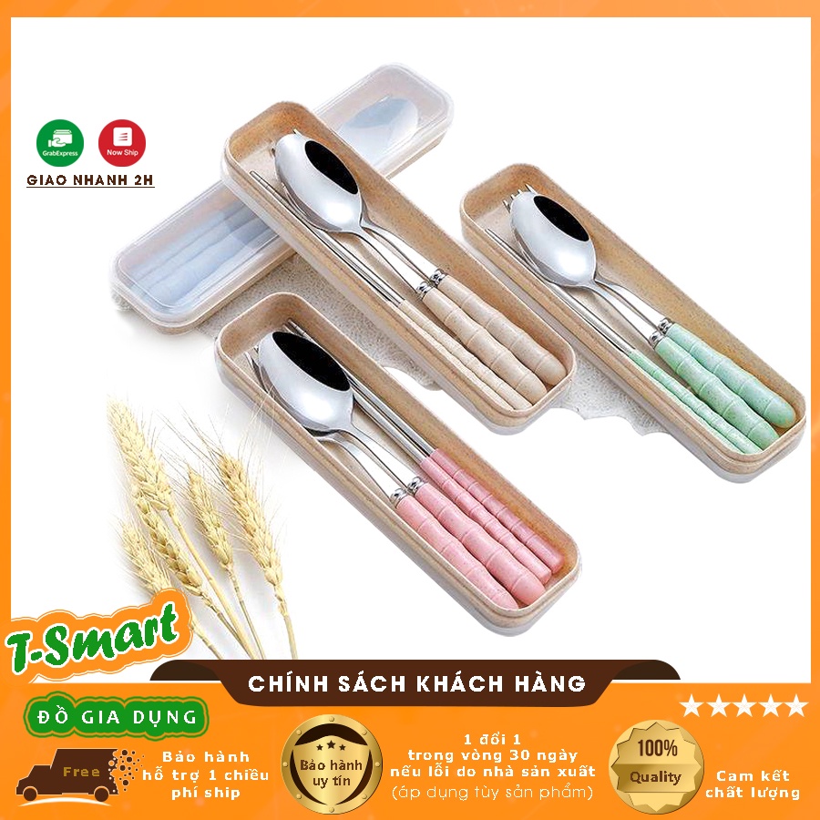 Bộ 3 Món Thìa, Đũa, Dĩa Lúa Mạch Cá Nhân Inox Không Gỉ, Ăn Trưa Văn Phòng - Có Hộp Đựng Tiện Lợi