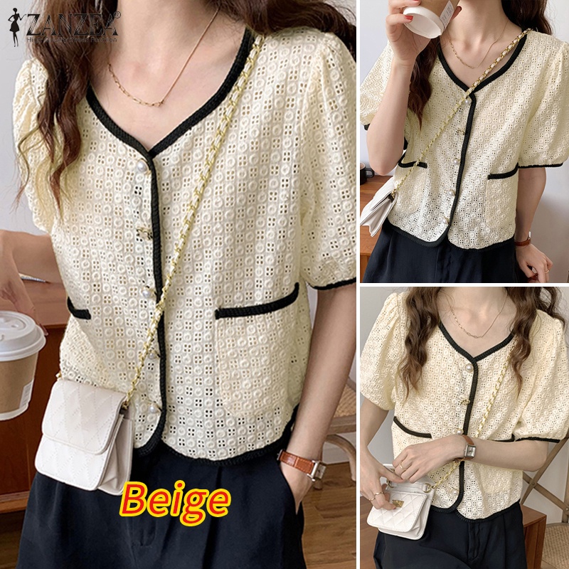Áo kiểu nữ Zanzea cổ chữ V thêu họa tiết vintage