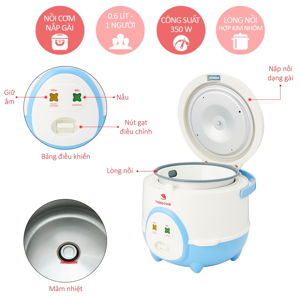 Nồi cơm điện nắp gài Happy cook HC-060 0.6 lít - Bảo hành Chính hãng