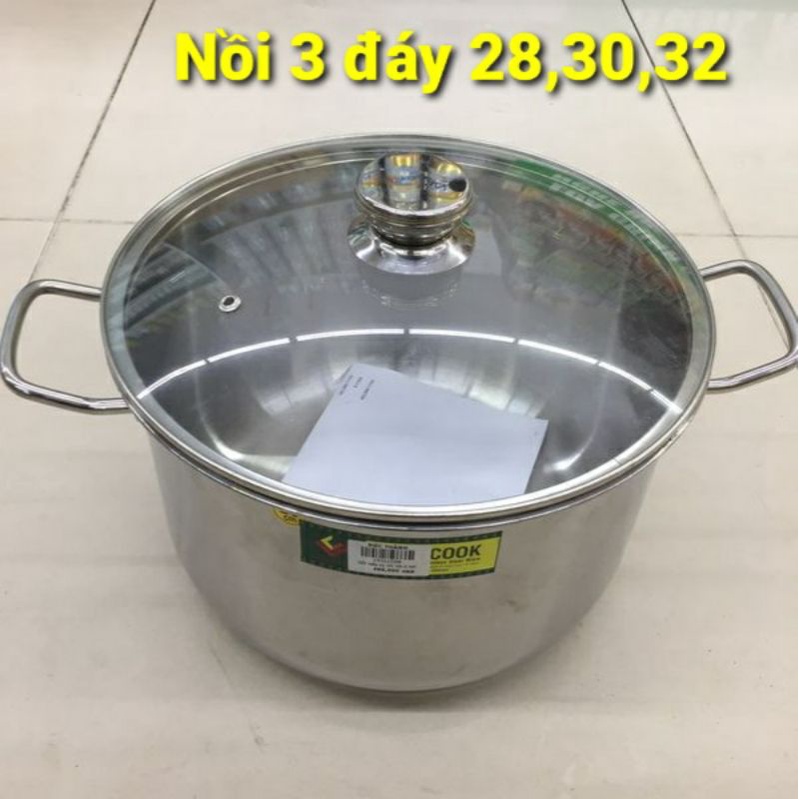 Nồi inox luộc gà 3 đáy,đáy từ,nồi inox 3 đáy, size 28 ,30,32 Viêt Cook có nắp kính và nắp inox (Chính Hãng Hàng VN)