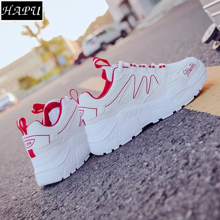 Giày sneaker nữ độn đế đẹp vạch sóng HAPU trắng vạch đỏ, trắng vạch đen