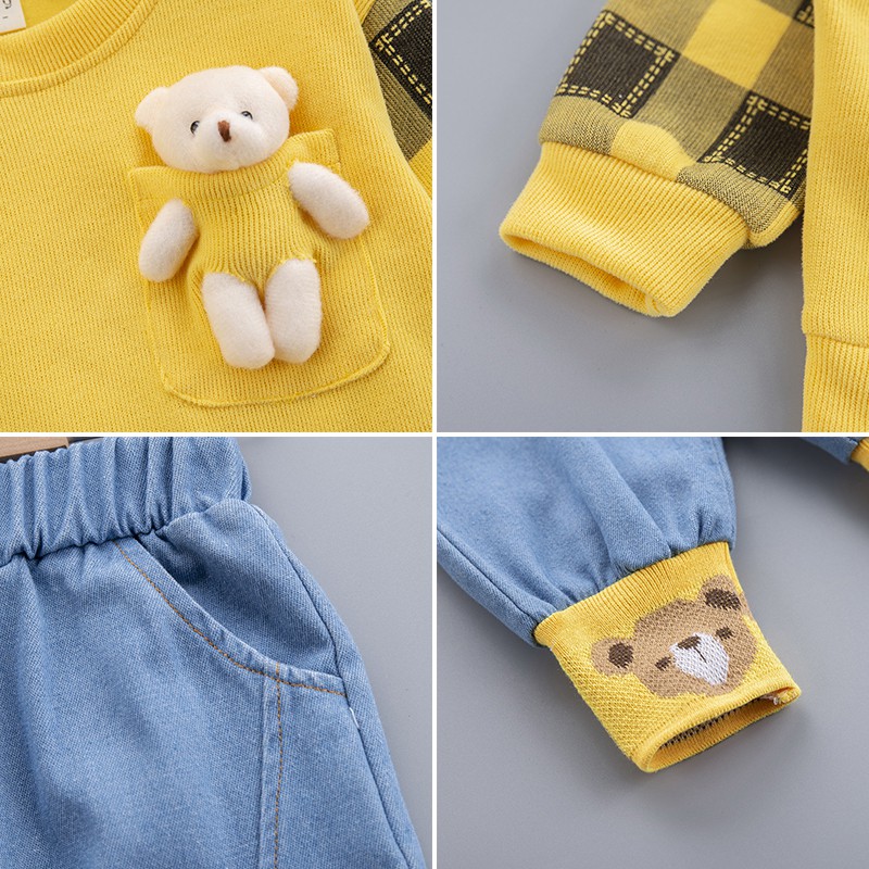 Bộ Áo Thun In Hình Gấu + Quần Jeans Cho Bé Trai