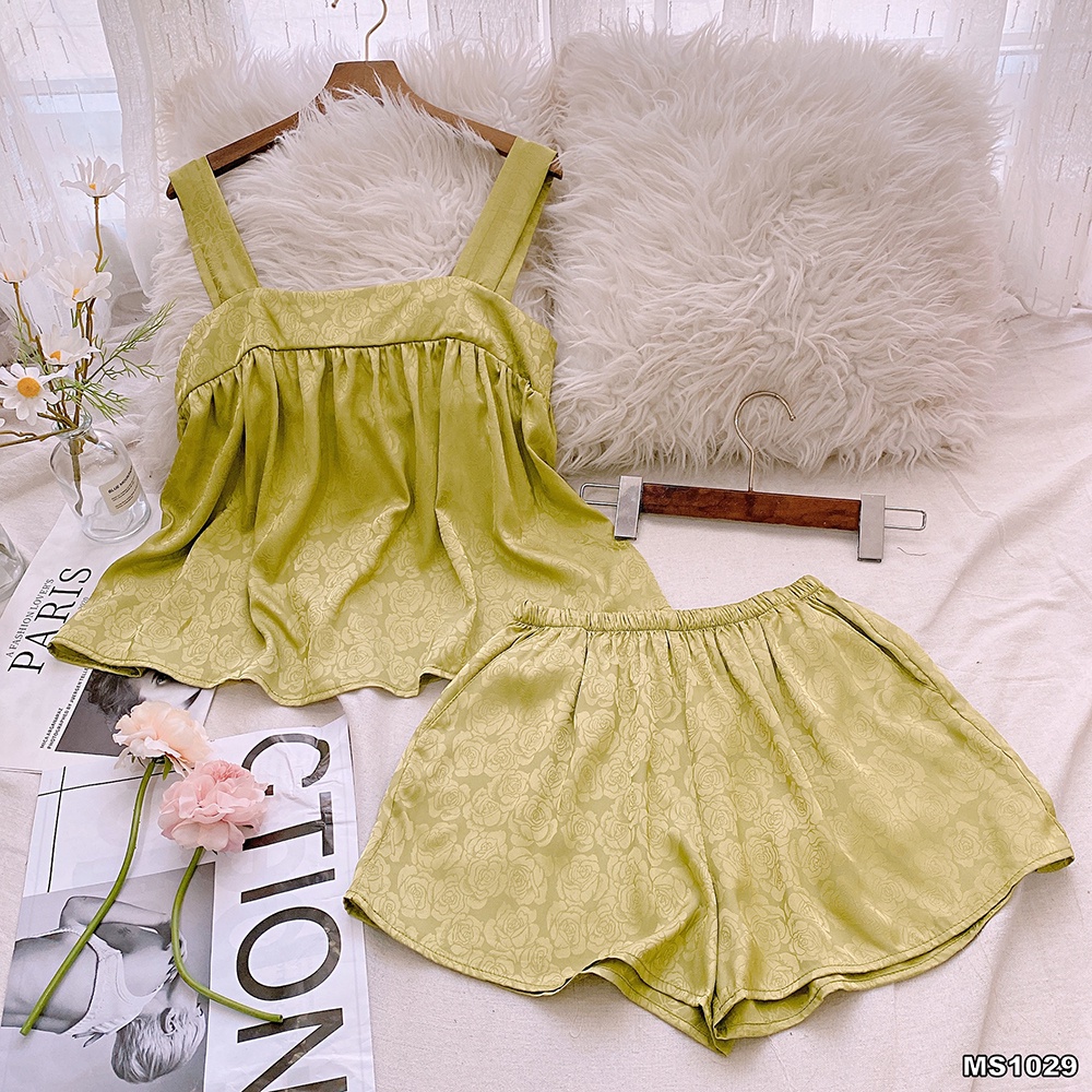Bộ Đồ Ngủ MAI SLEEPWEAR Lụa Gấm Mặc Nhà Áo Dây Bo Quần Ngắn Gấm Hoa FREESIZE MS1029