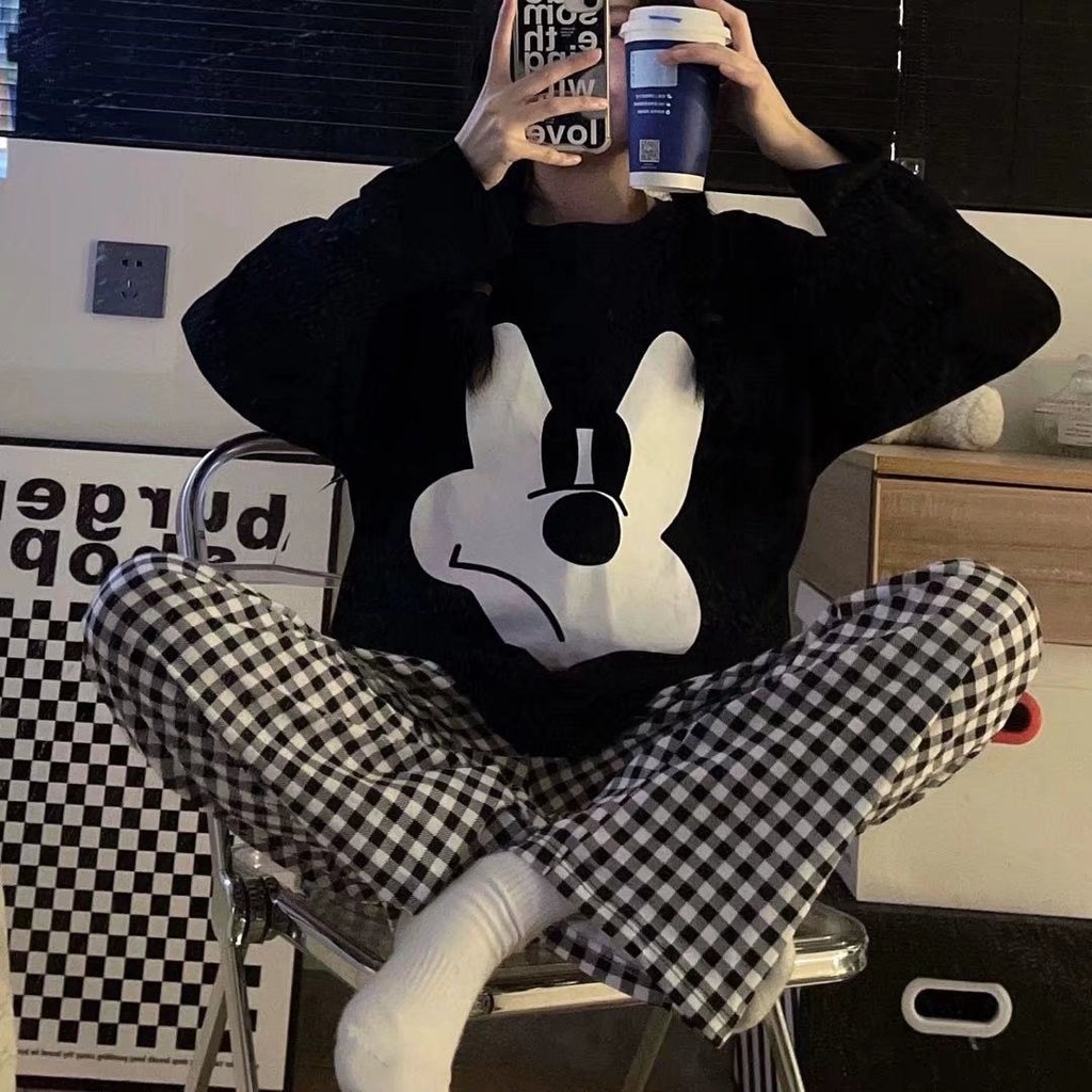 Bộ Đồ Ngủ Tay Dài Họa Tiết Kẻ Sọc In Hình Chuột Mickey Phong Cách Hàn Quốc Thời Trang Xuân Thu Mới Cho Nữ