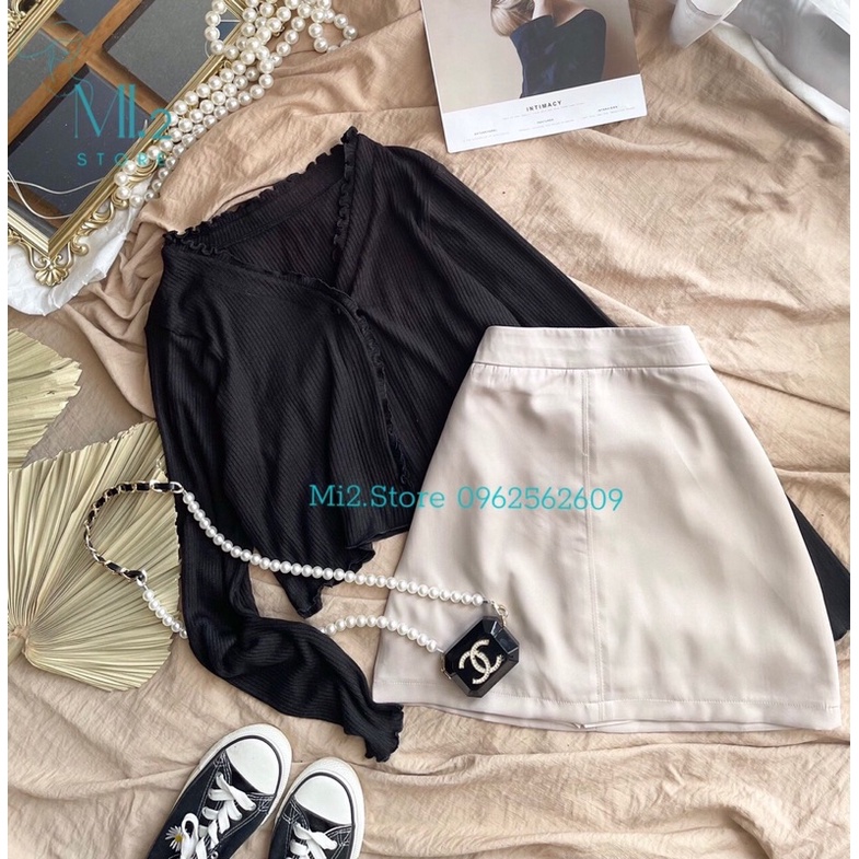 Set áo croptop gân tay dài kèm chân váy